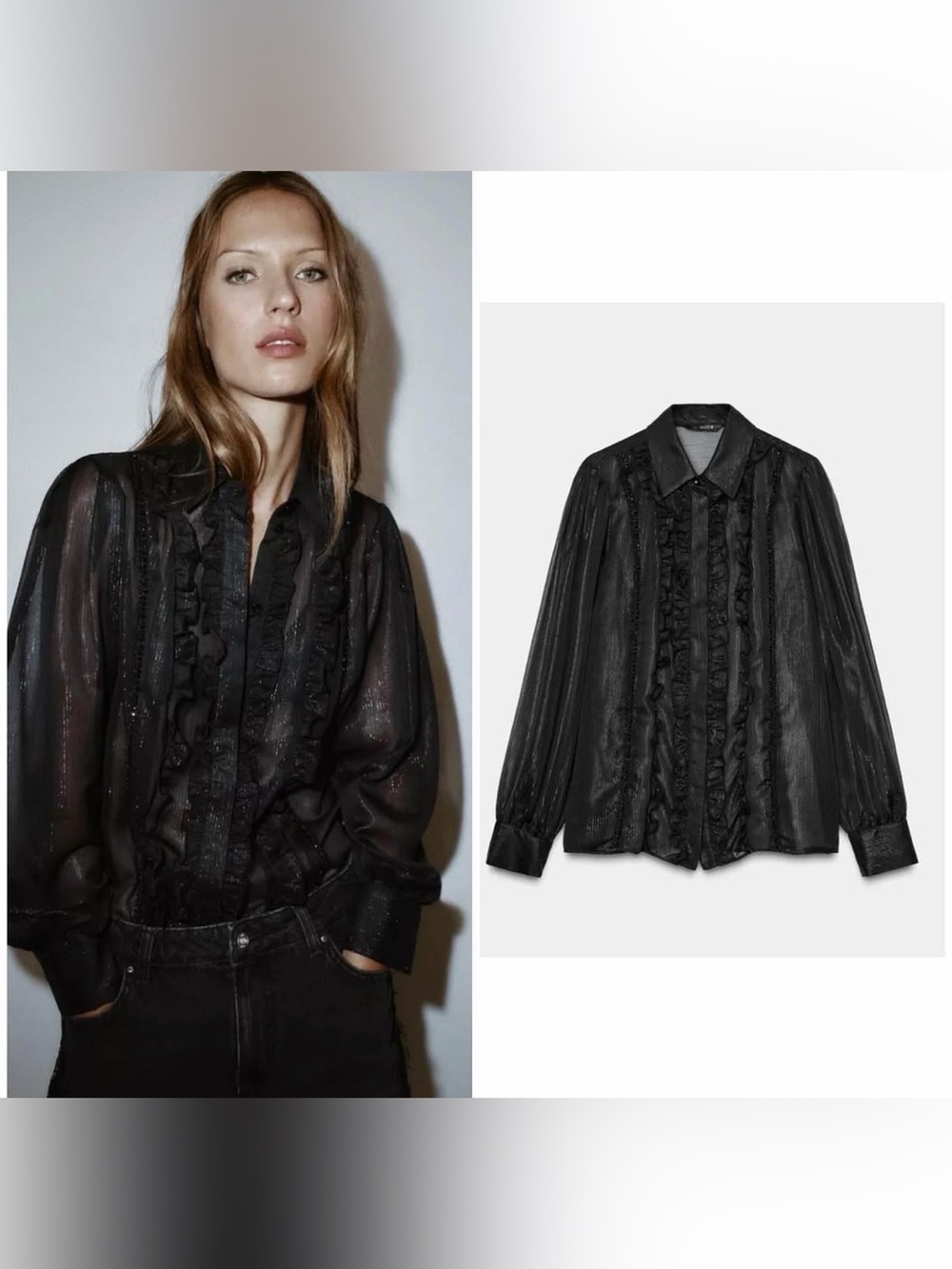 NWOT Zara Black Sheer Ruffle-Front Blouse